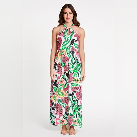 CK BRADLEY Mock Neck Halter Maxi Dress Puma Cat Floral Print tropical vibrant - Picture 1 of 16